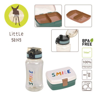 Zestaw na lunch Lunchbox + Tritanowa butelka - bidon 460 ml Little Gang Smile milky/ocean green Lassig - 4