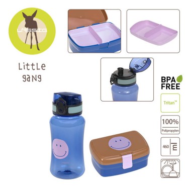 Zestaw na lunch Lunchbox + Tritanowa butelka - bidon 460 ml Little Gang Smile caramel/blue Lassig - 6