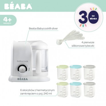 Beaba Zestaw Babycook® silver z 6 słoiczkami i 4 łyżeczkami silikonowymi - OFERTA LIMITOWANA