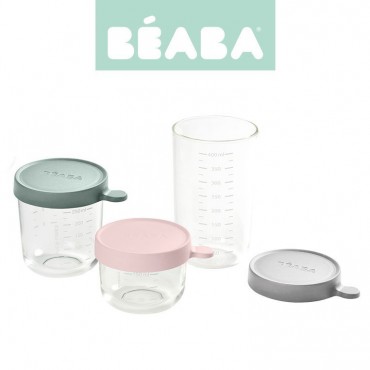Zestaw pojemników słoiczków szklanych z hermetycznym zamknięciem 150 + 250 + 400 ml pink, eucalyptus green i light mist Beaba