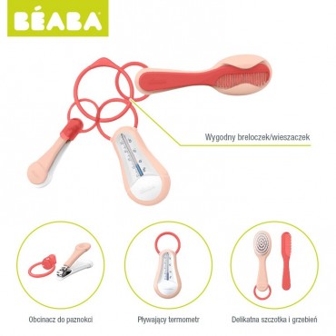 Beaba Akcesoria do pielęgnacji: termometr do kąpieli, obcinaczka, szczoteczka i grzebień nude/coral