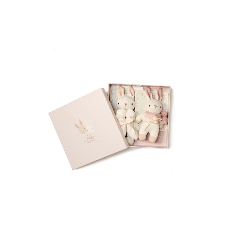 Zestaw z bawełny organicznej - grzechotka i kocyk przytulanka w ozdobnym pudełku Cream Bunny ThreadBear Design - 1