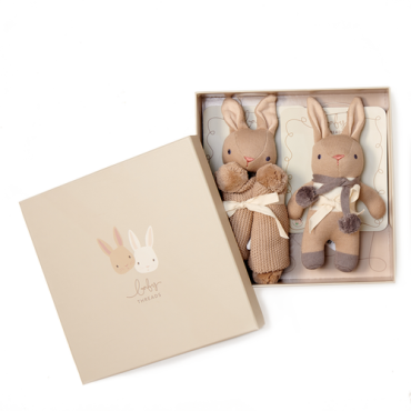 Zestaw z bawełny organicznej - grzechotka i kocyk przytulanka w ozdobnym pudełku Taupe Bunny ThreadBear Design - 1