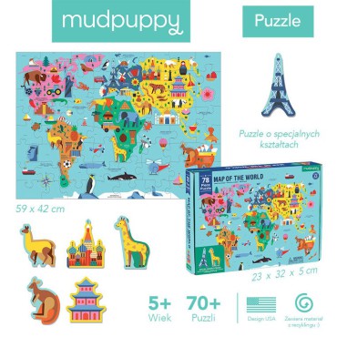 Puzzle Mapa Świata z elementami w kształcie budynków i zwierząt 5+ Mudpuppy - 13