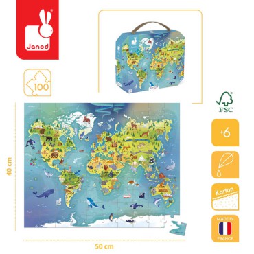Puzzle w walizce Mapa świata 100 elementów 6+ Made in France Janod - 4
