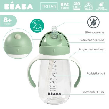 Bidon niekapek ze słomką tritanowy 300 ml Sage green Beaba - 12