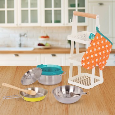 Mini Chef – Pot-n-Pan Playset – zestaw realistycznych naczyń i przyborów kuchennych ze stojakiem B.Toys - 11
