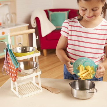 Mini Chef – Pot-n-Pan Playset – zestaw realistycznych naczyń i przyborów kuchennych ze stojakiem B.Toys - 12