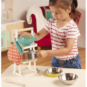 Mini Chef – Pot-n-Pan Playset – zestaw realistycznych naczyń i przyborów kuchennych ze stojakiem B.Toys - 3